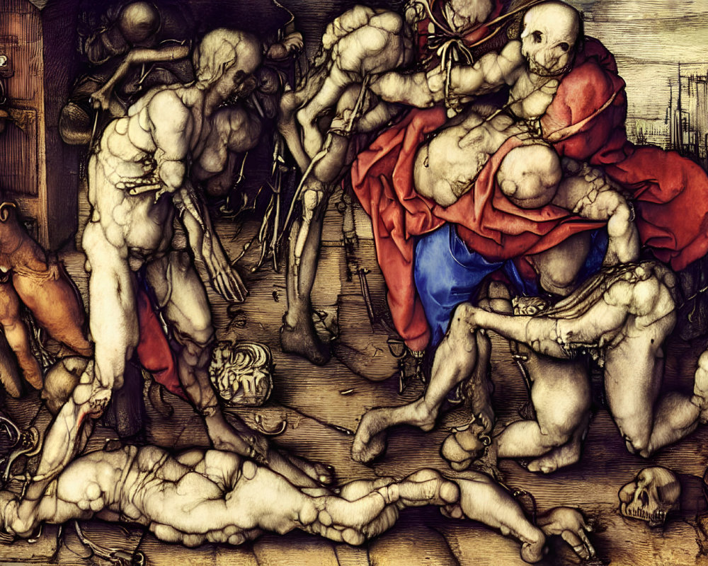 Detailed Artwork: Muscular Figures in Chaotic Battle with Skeleton, Earthy Tones & Skull