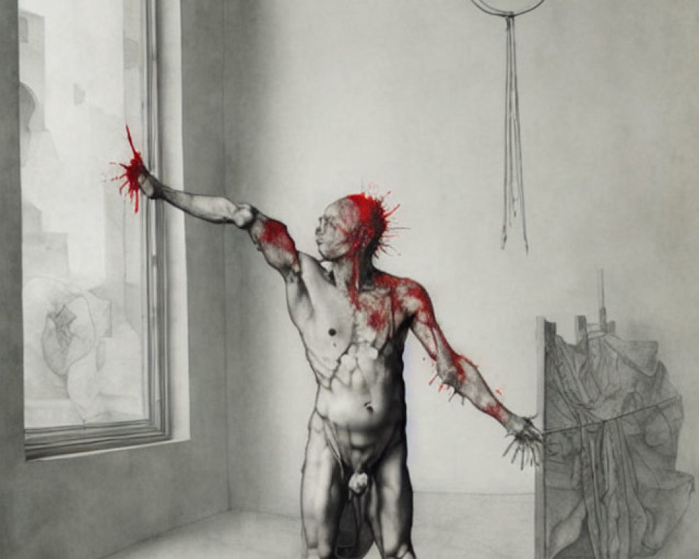 Abstract humanoid figure with red splashes in sparse room with disconnected limbs.