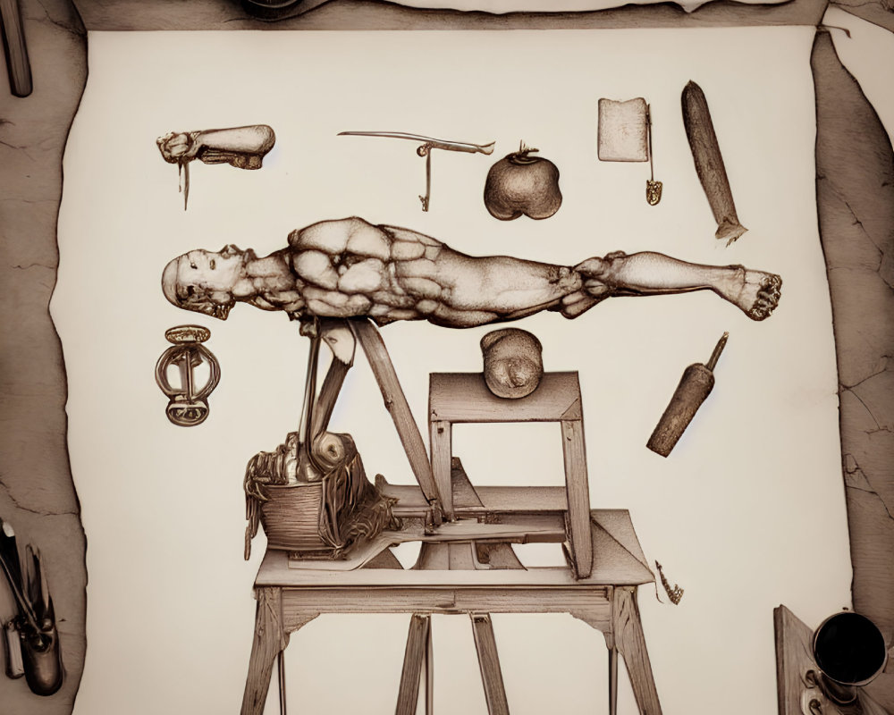 Sepia-Toned Illustration of Muscular Figure on Slab with Skull and Medical Tools