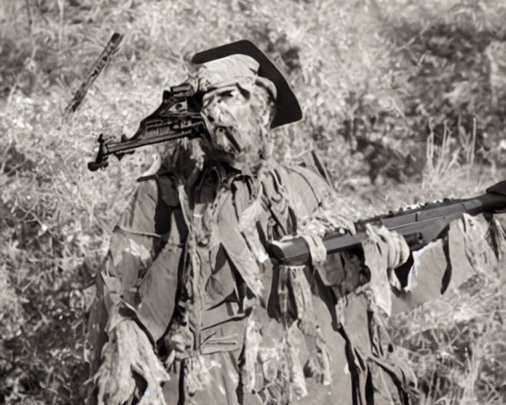 Bearded person in camouflage holding two rifles outdoors