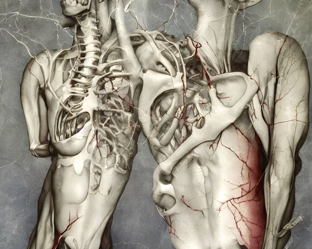 Detailed Anatomical Illustration of Human Figures with Exposed Skeleton and Cardiovascular System