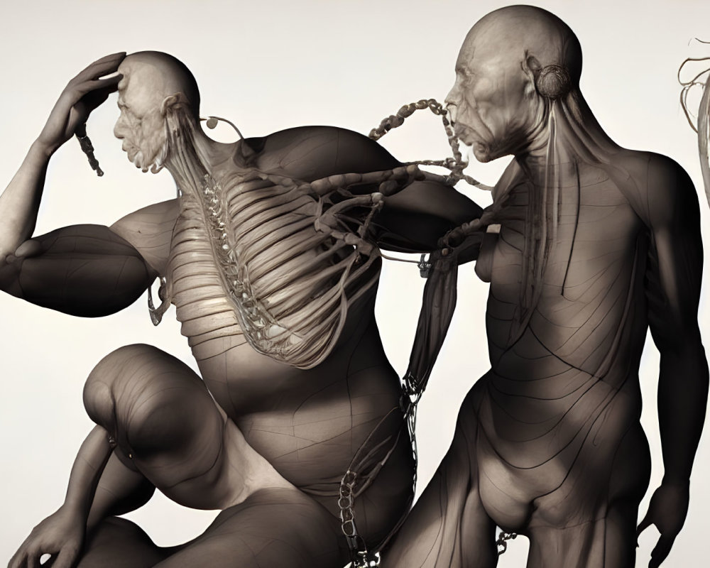 Detailed anatomical representation of two human figures with exposed muscular and skeletal systems, one in contemplative pose
