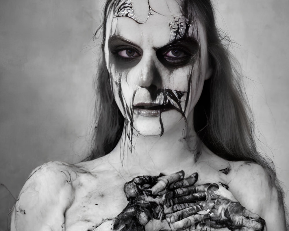 Intense stare with skull makeup and dark eyes against gray backdrop
