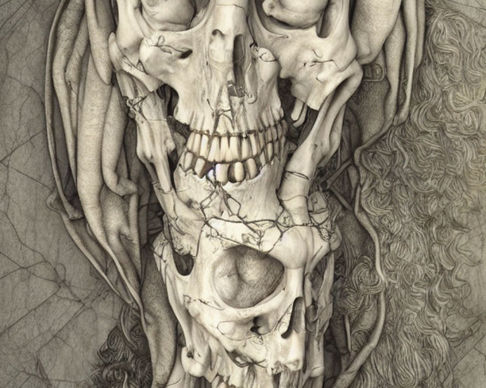 Detailed pencil drawing of exaggerated humanoid skull with textured drapery and abstract patterns