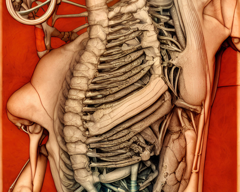 Anatomical illustration of human rib cage, spine, and digestive system