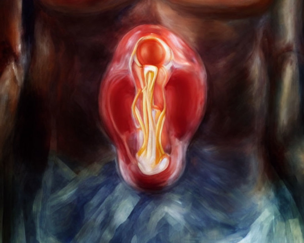 Abstract digital painting of human fetus in warm red tones, surrounded by blue hues