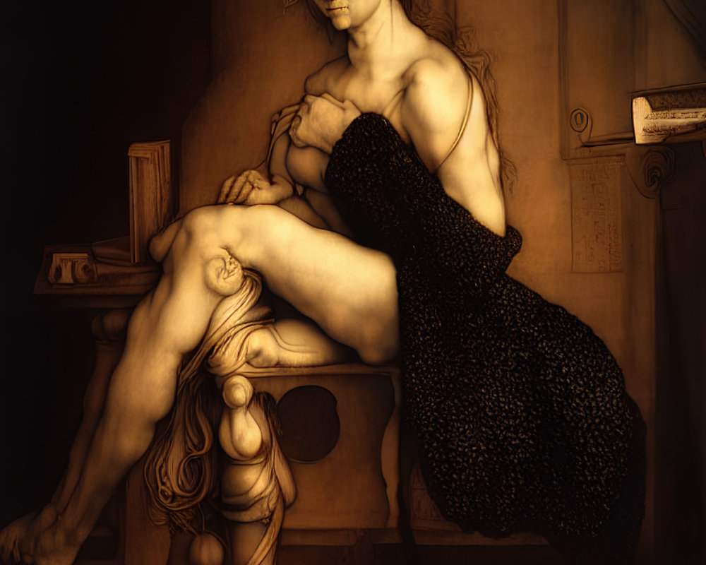 Surreal painting of seated figure with long hair and unique body structure.
