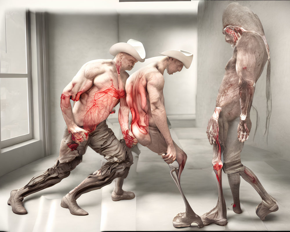 Three anatomical models in cowboy hats show muscular and vascular systems in motion