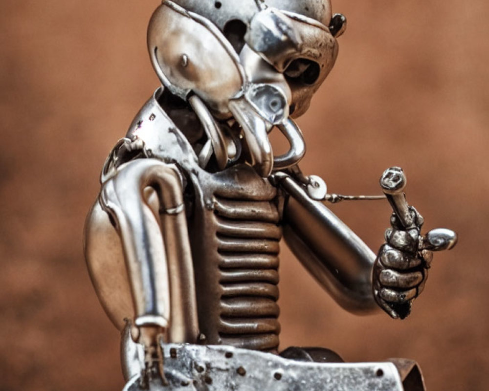 Detailed Vintage Humanoid Robot Sculpture with Riveted Joints