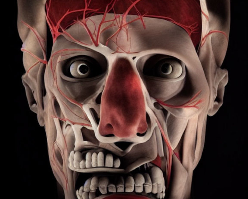 Anatomical illustration of human face without skin layers.