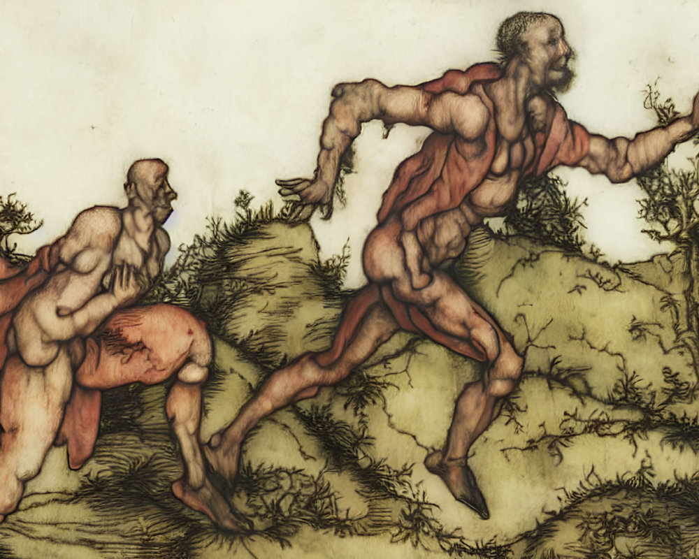 Vintage Artwork of Semi-Nude Men Sprinting in Earth-Toned Landscape