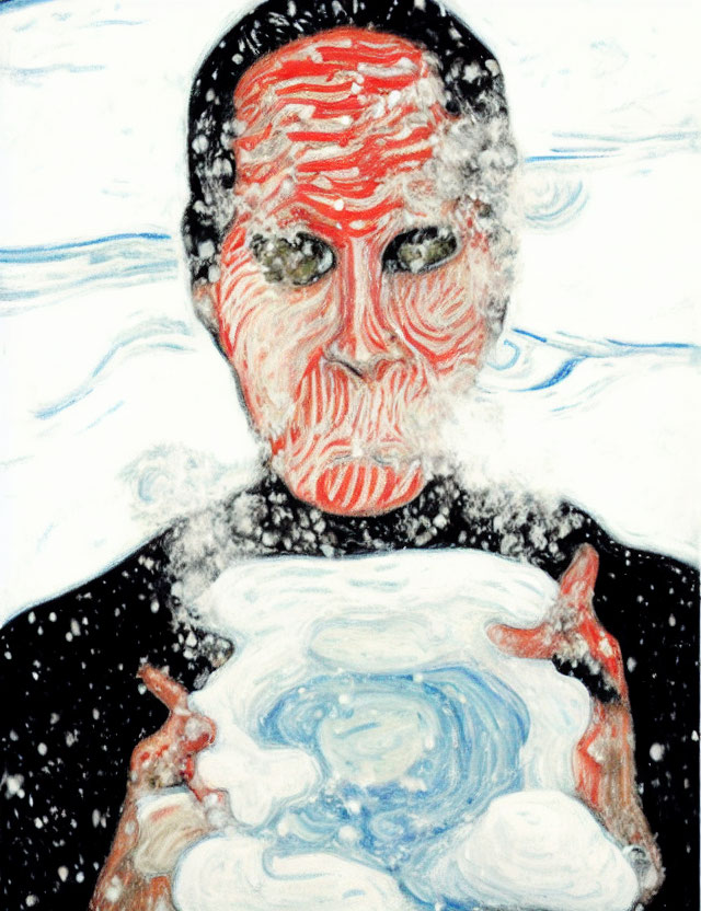 Portrait of Person with Red-Striped Face Holding Blue and White Orb in Snowy Scene
