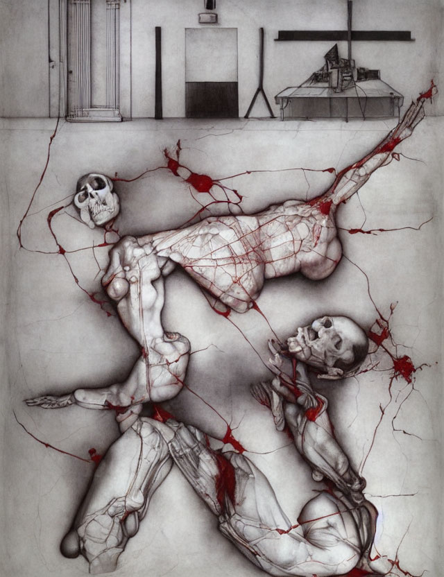 Sketch of Two Human Figures with Skull Heads Surrounded by Red Threads in Minimalistic Room