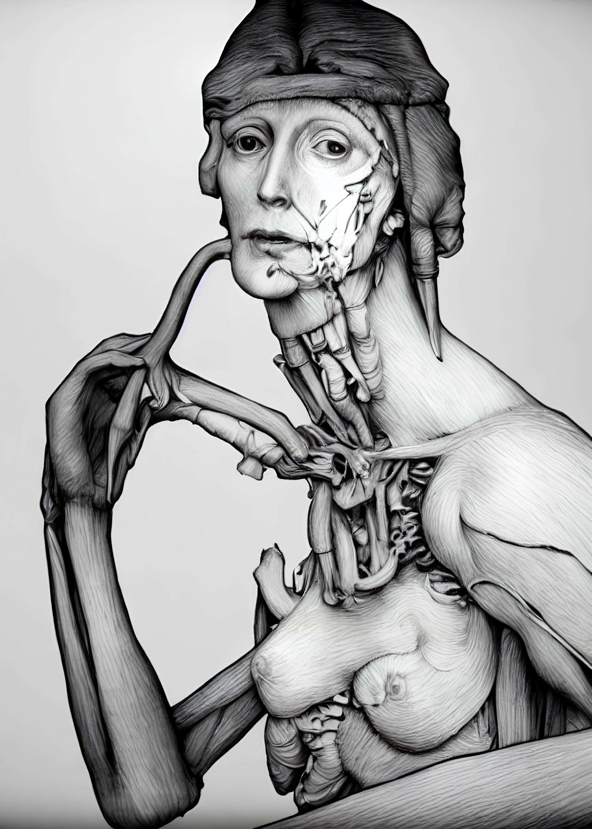 Digital artwork: Human figure with anatomical details blending muscles and skeleton on half-exposed face and body