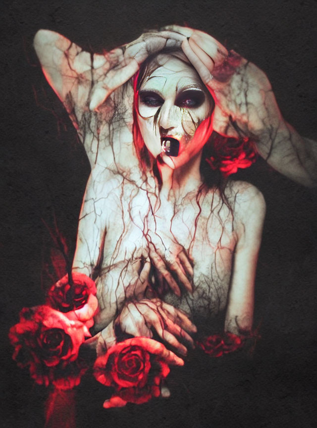 Ghostly Face Holding Red Roses with Dark Veins Detail