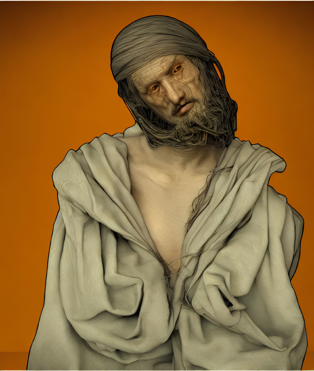 Digital Artwork: Bearded Figure in Turban and Toga on Orange Background