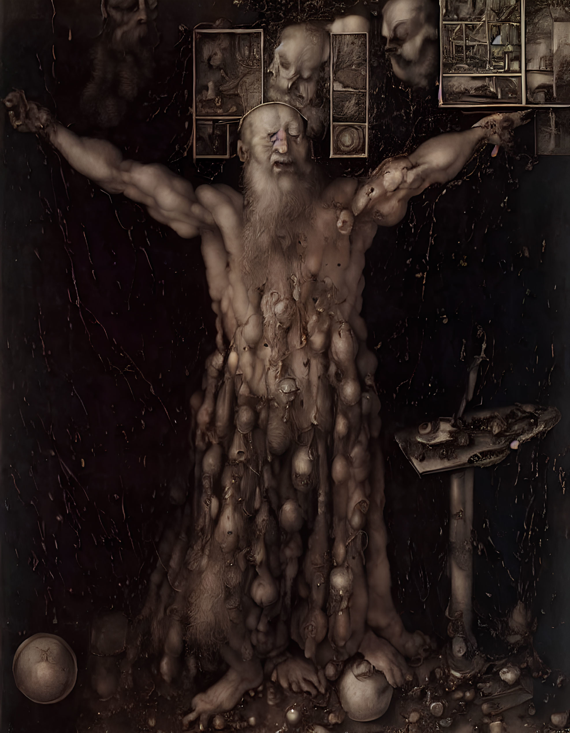 Elderly bearded figure with outstretched arms in surreal dark setting