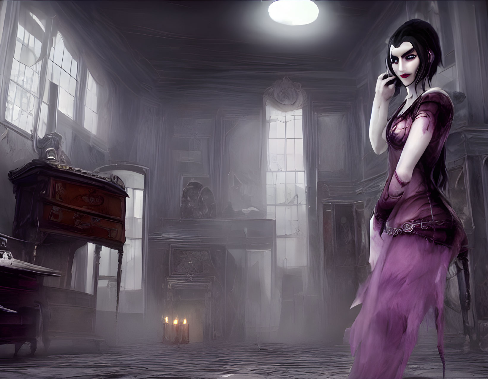 Gothic-style illustration of pale woman in dim, candlelit room