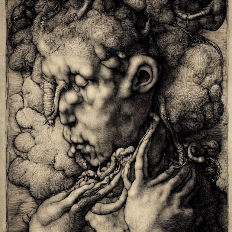 Monochromatic surreal figure with cloud-like head in contemplation