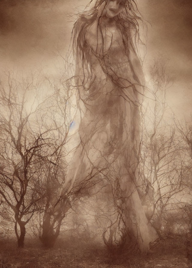 Sepia-tone artwork of melancholic tree woman in barren forest
