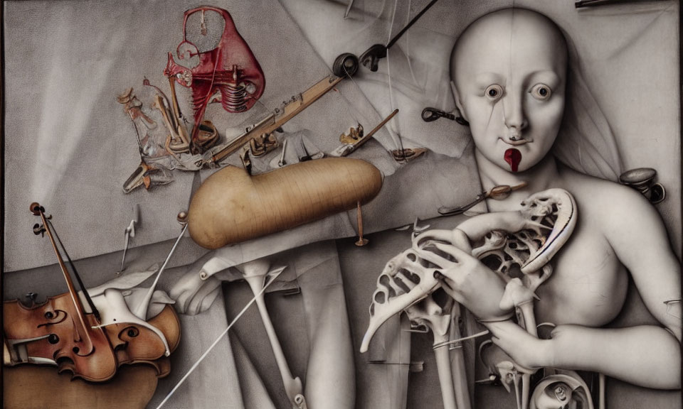 Surrealistic painting featuring pale figure and disjointed objects