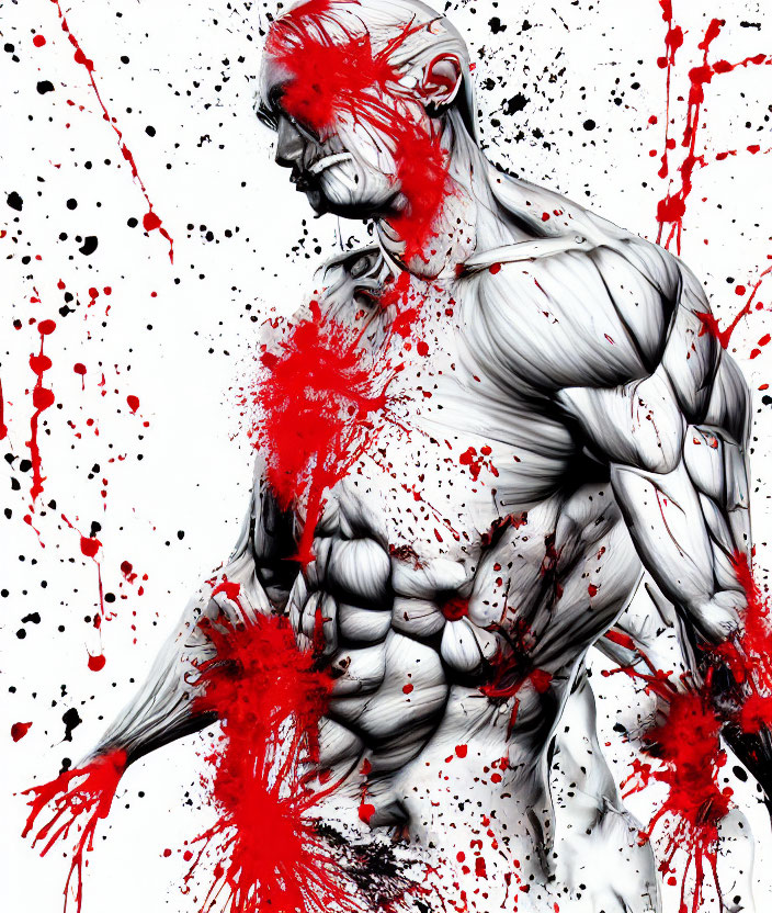 Muscular Figure in Grayscale with Vibrant Red Paint Splatters