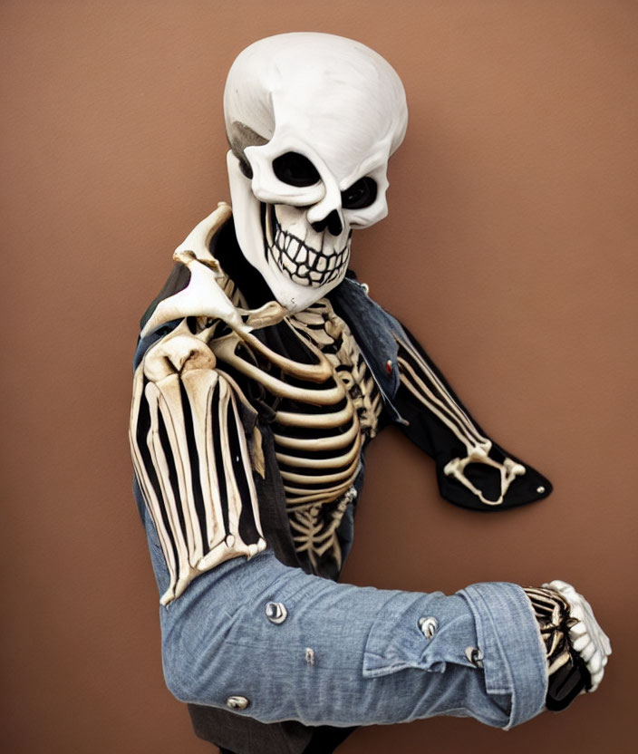 Person in Skull Mask and Skeleton Costume Posing on Brown Background