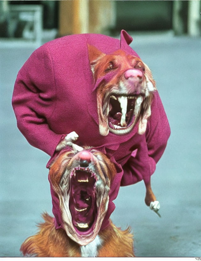 Two-headed dog in maroon hoodie yawning against blurred background