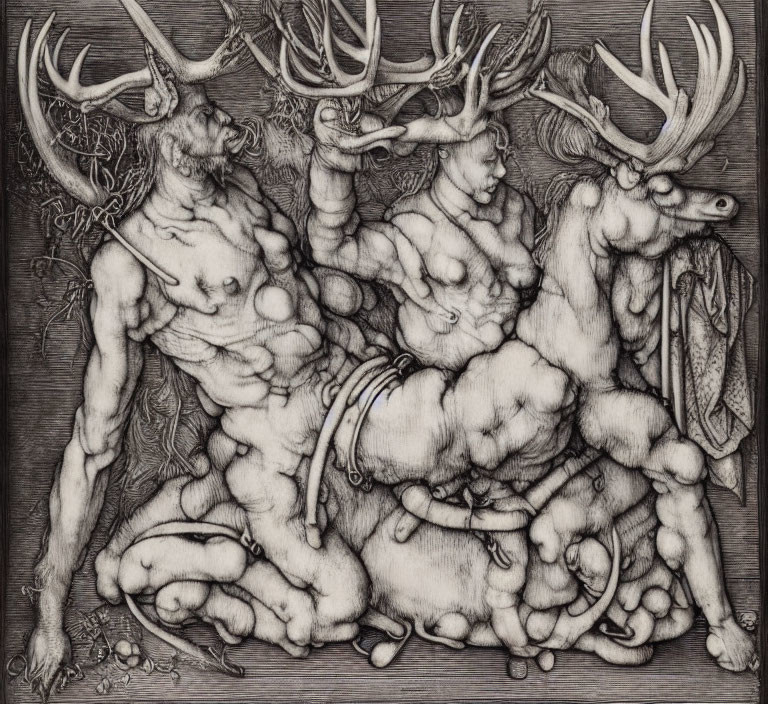 Detailed Monochrome Etching of Muscular Antlered Figures