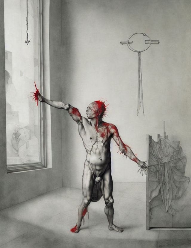 Abstract humanoid figure with red splashes in sparse room with disconnected limbs.