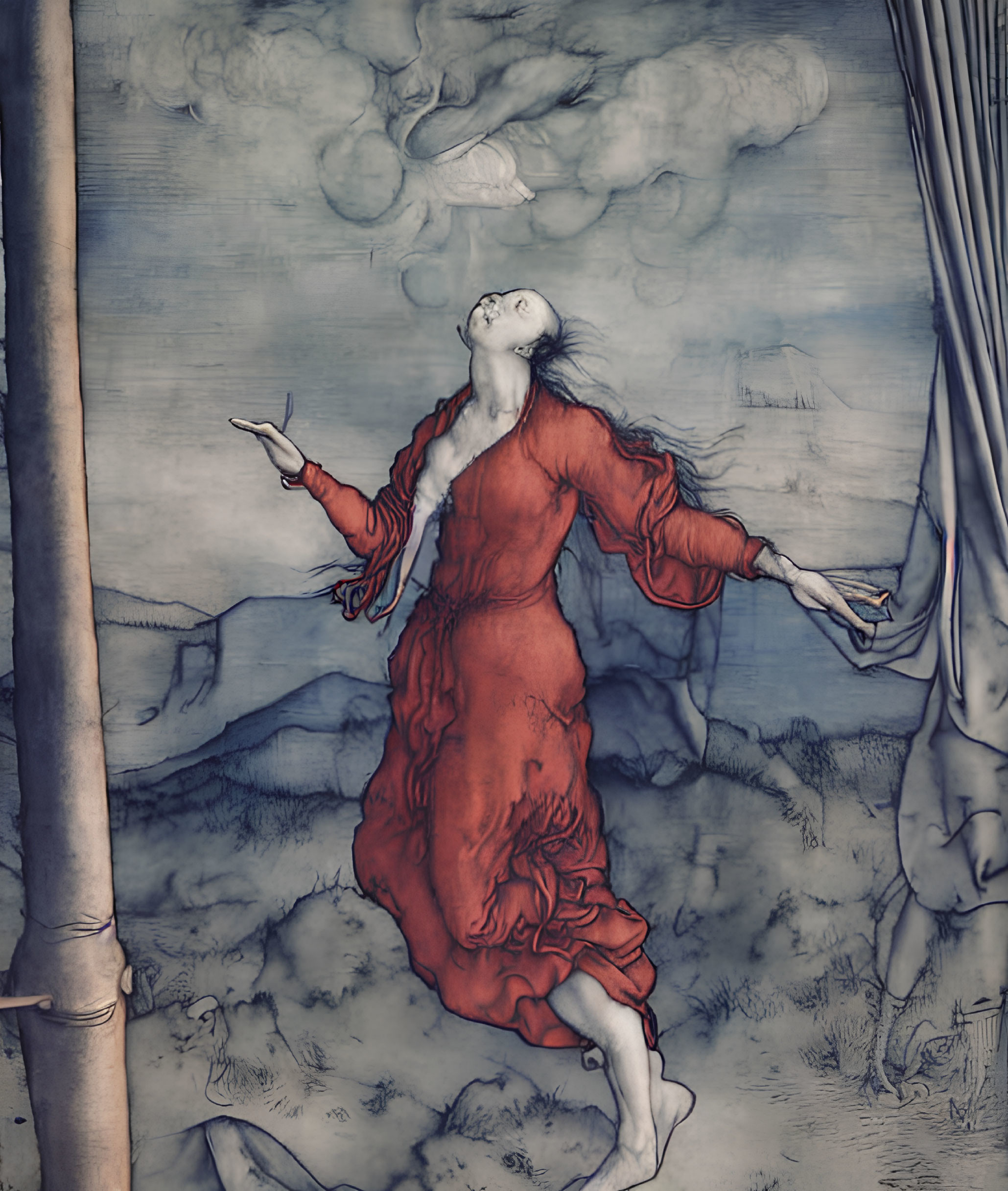 Woman in Red Dress Floating in Air Against Cloudy Sky
