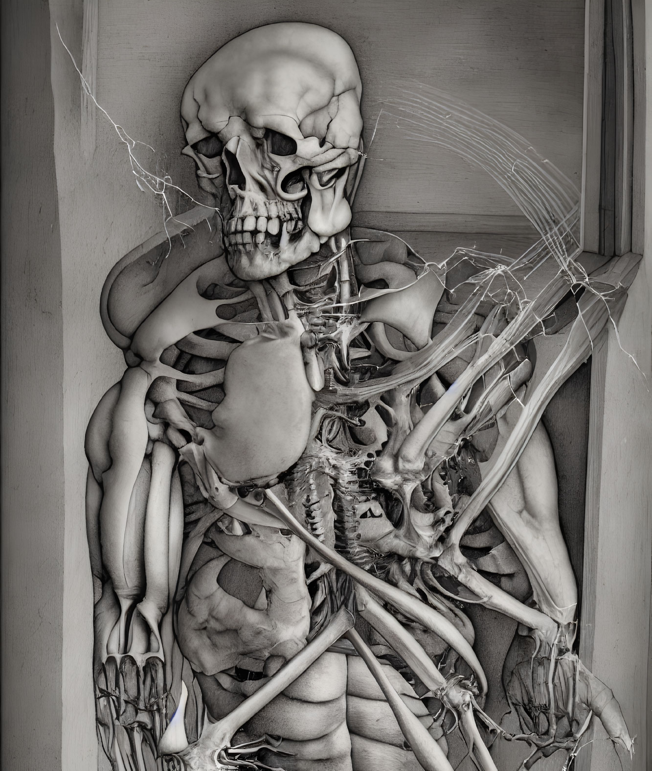 Detailed Human Body Anatomy Sculpture with Exposed Muscles, Skeleton, and Skull in Niche