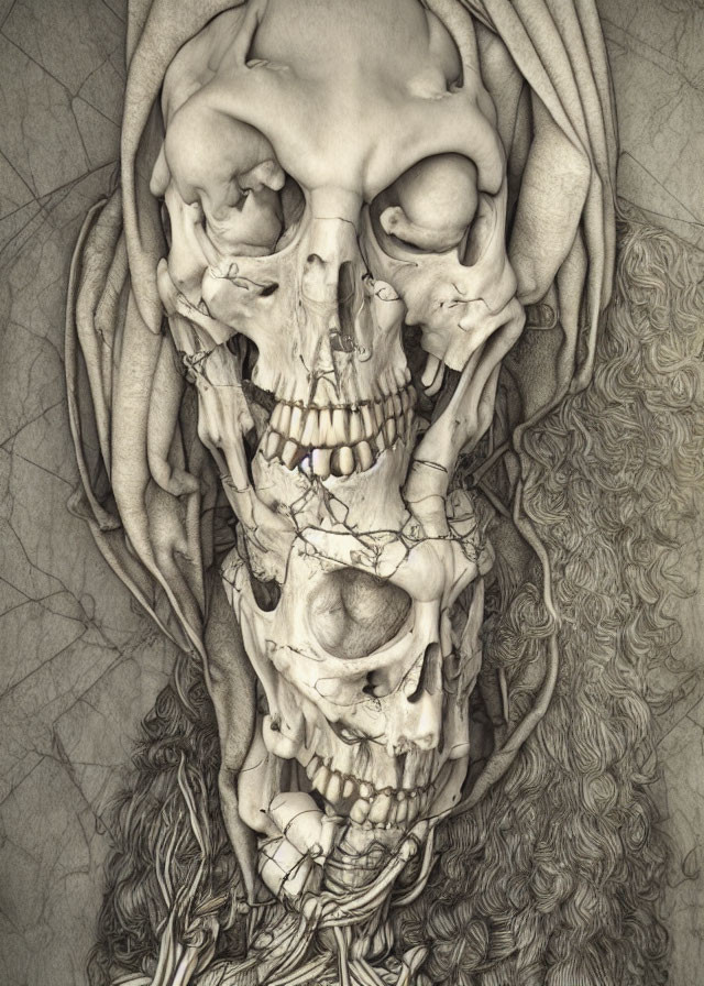 Detailed pencil drawing of exaggerated humanoid skull with textured drapery and abstract patterns