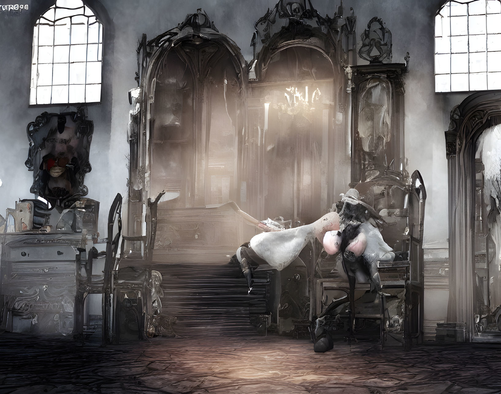 Opulent, Dilapidated Room with Gothic Windows, Grand Throne, and Figure in White