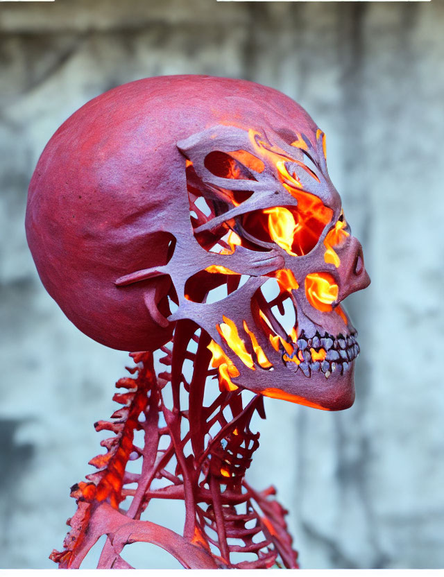 Intricate Carved Red Skull with Orange Light on Blurred Background