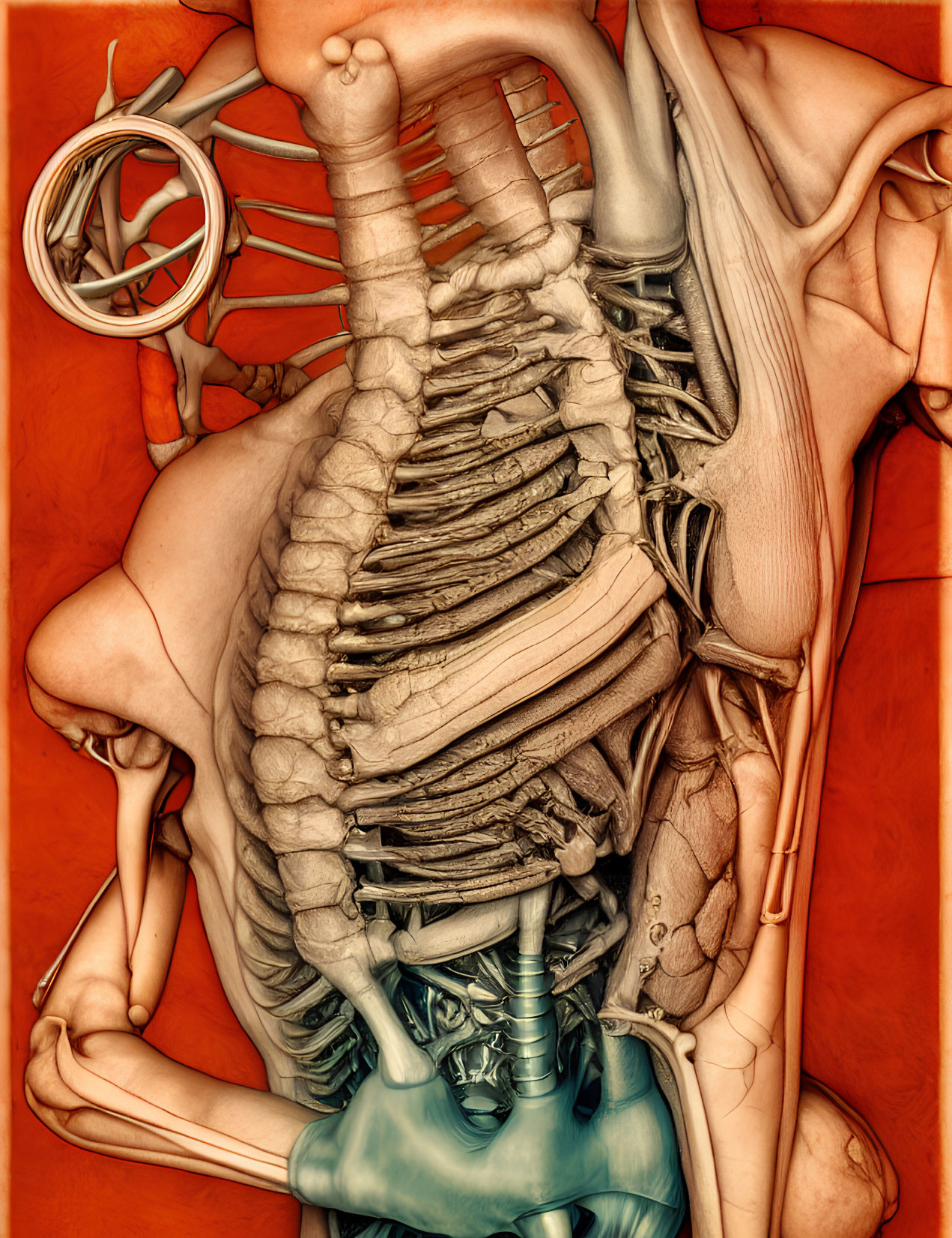Anatomical illustration of human rib cage, spine, and digestive system