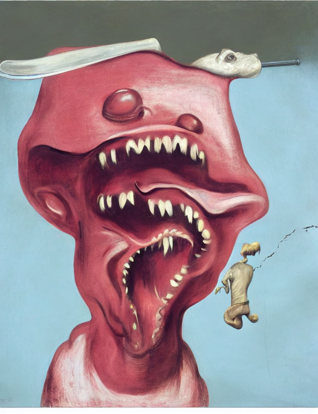 Surreal artwork: large open-mouthed head, human figure climbing, mouse on diving board