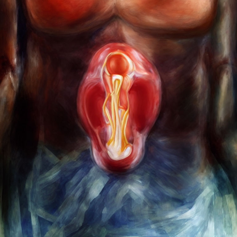 Abstract digital painting of human fetus in warm red tones, surrounded by blue hues
