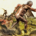 Vintage Artwork of Semi-Nude Men Sprinting in Earth-Toned Landscape