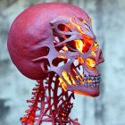 Melting red ice sculpture of human head with warm glow