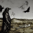 Eerie hooded figure with bird-like mask among crows and skeletal remains