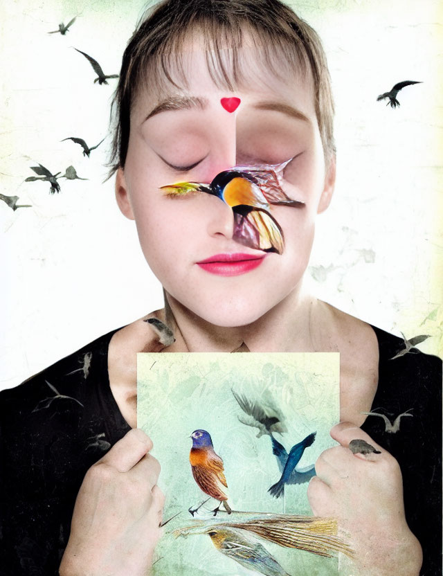 Surreal collage of woman's face with bird's beak and flying birds around