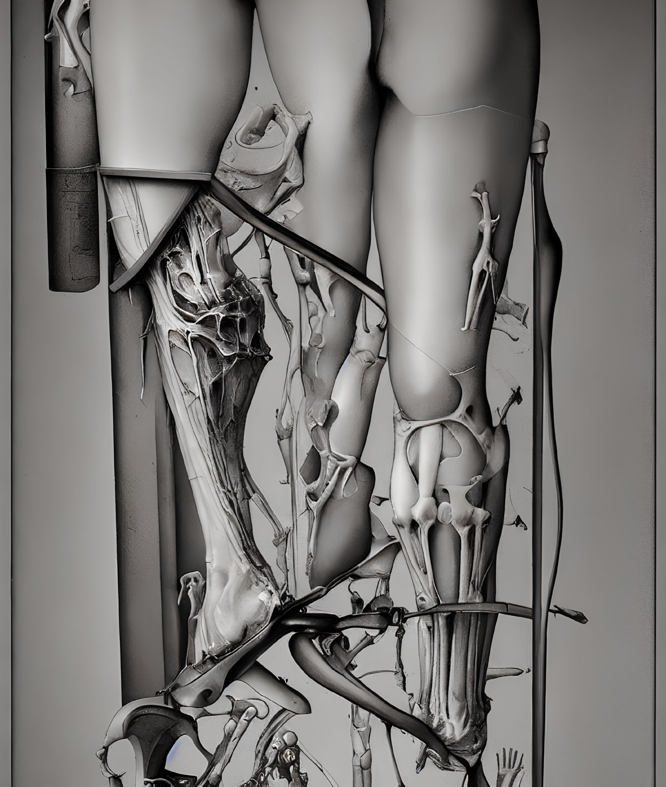Detailed X-ray of human legs bones, joints, and soft tissue.