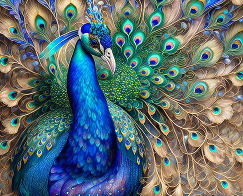 Colorful Peacock Illustration with Blue, Green, and Gold Feathers
