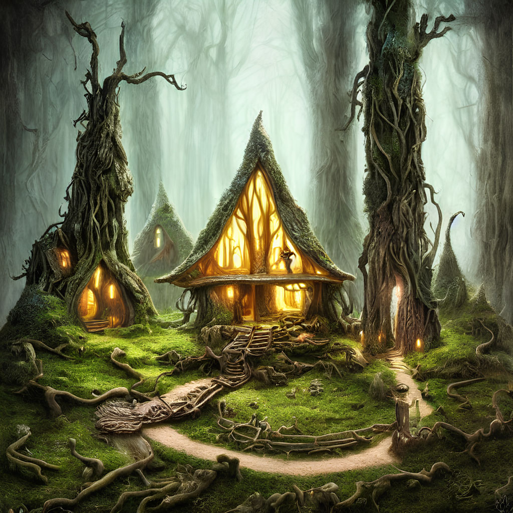 Whimsical illuminated cottages in enchanted forest landscape