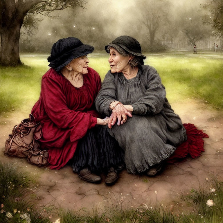 Elderly women in vintage clothing holding hands in misty park