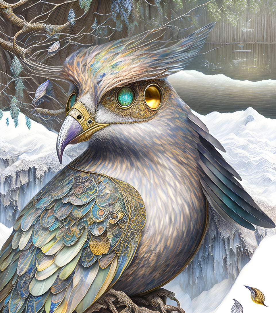 Detailed fantasy owl illustration with blue and gold plumage in winter landscape