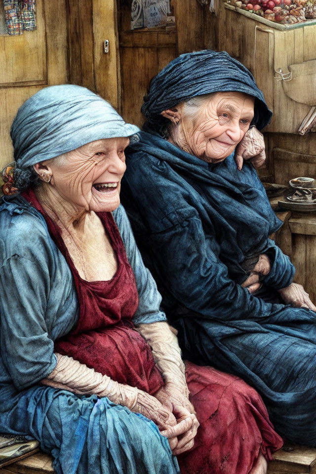 Elderly women in traditional clothes in cozy kitchen setting