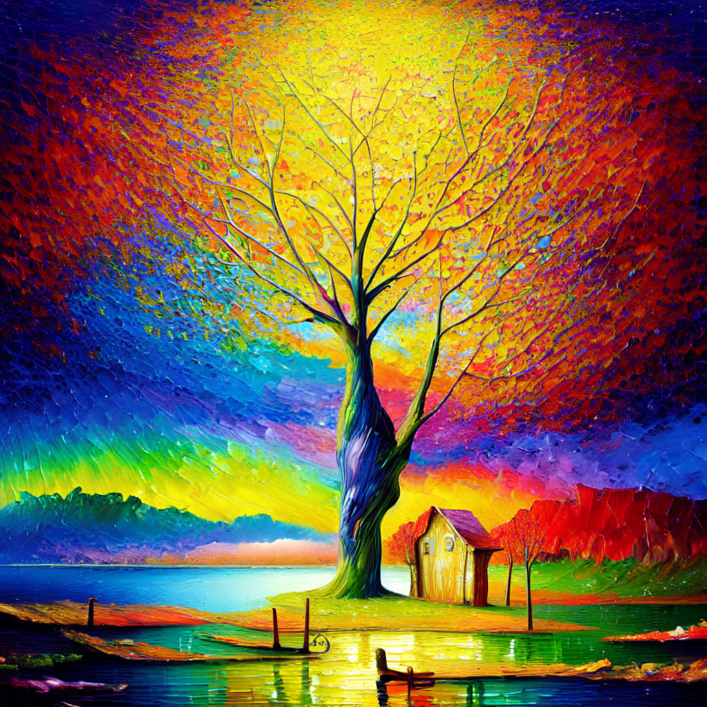 Colorful painting of solitary tree, house, lake, and figure rowing boat