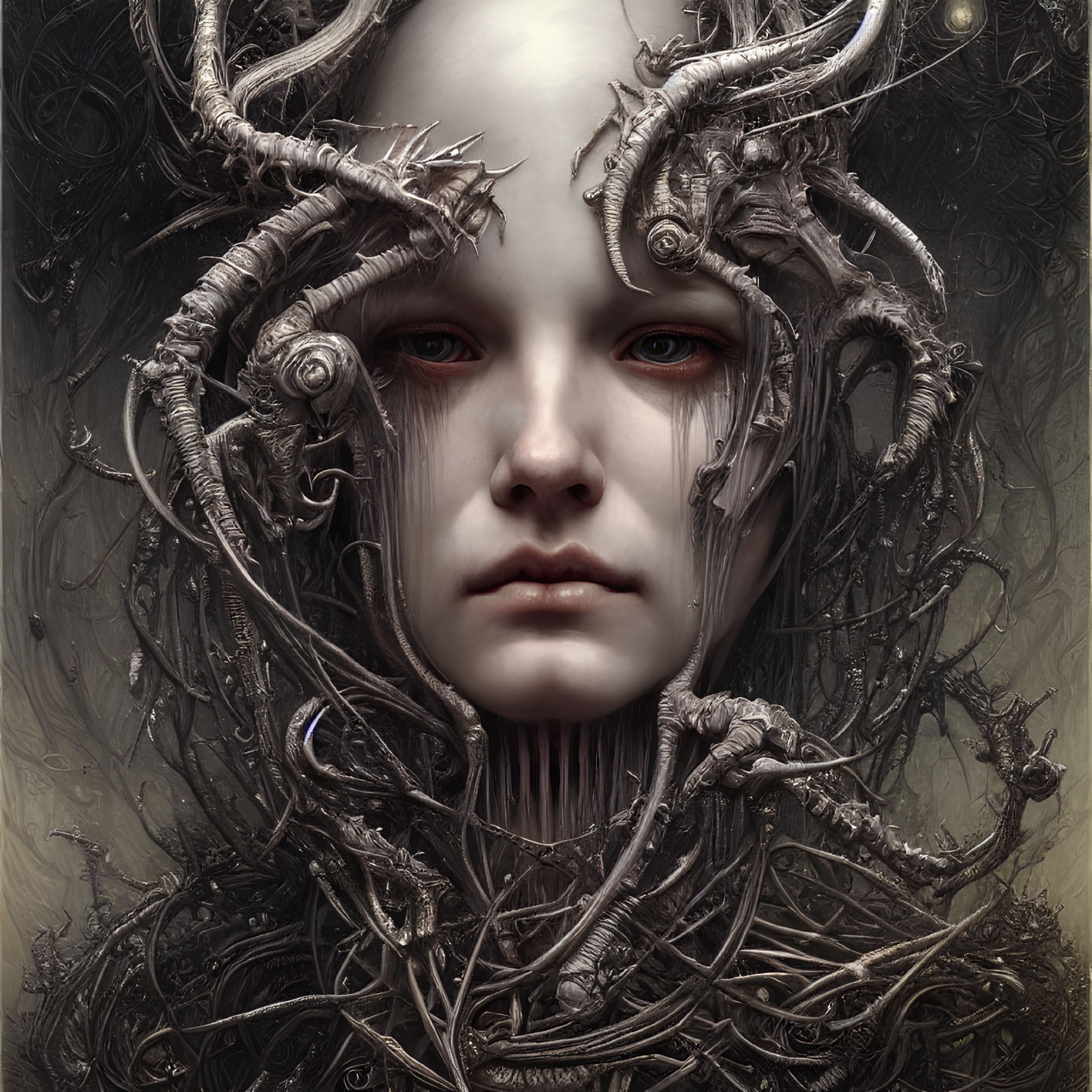 Pale figure with red eyes and antler-like branches in fantasy portrait